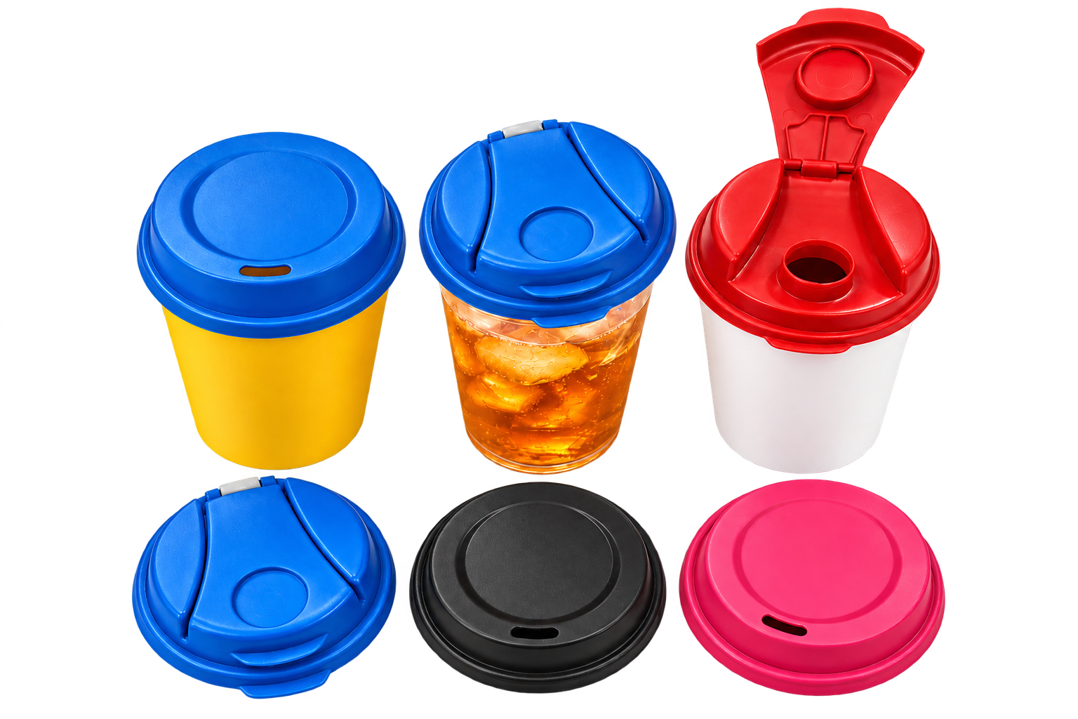 Hot and cold beverage cup lids in blue, red, black and pink